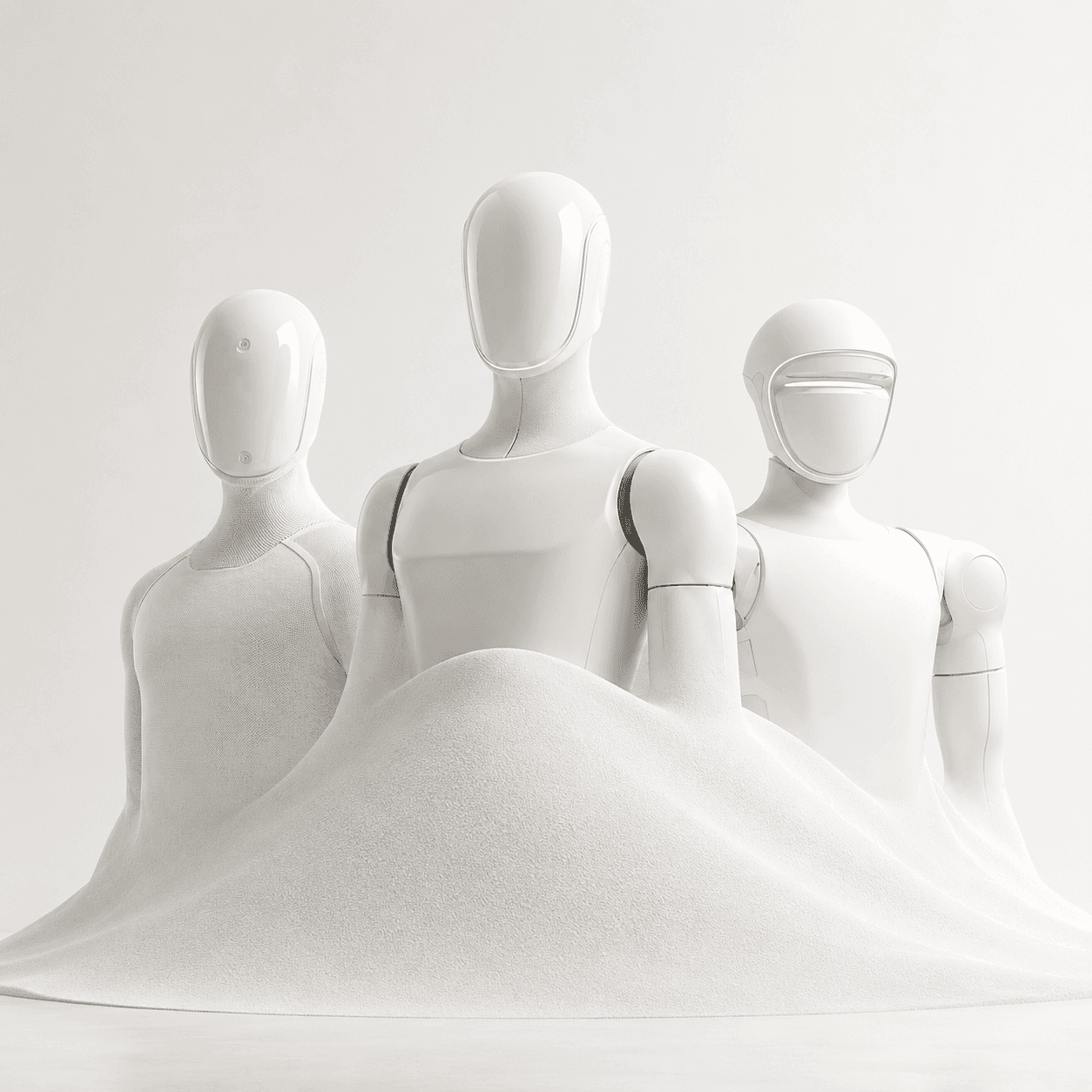 Three white humanoid robots standing behind sculpted white dunes